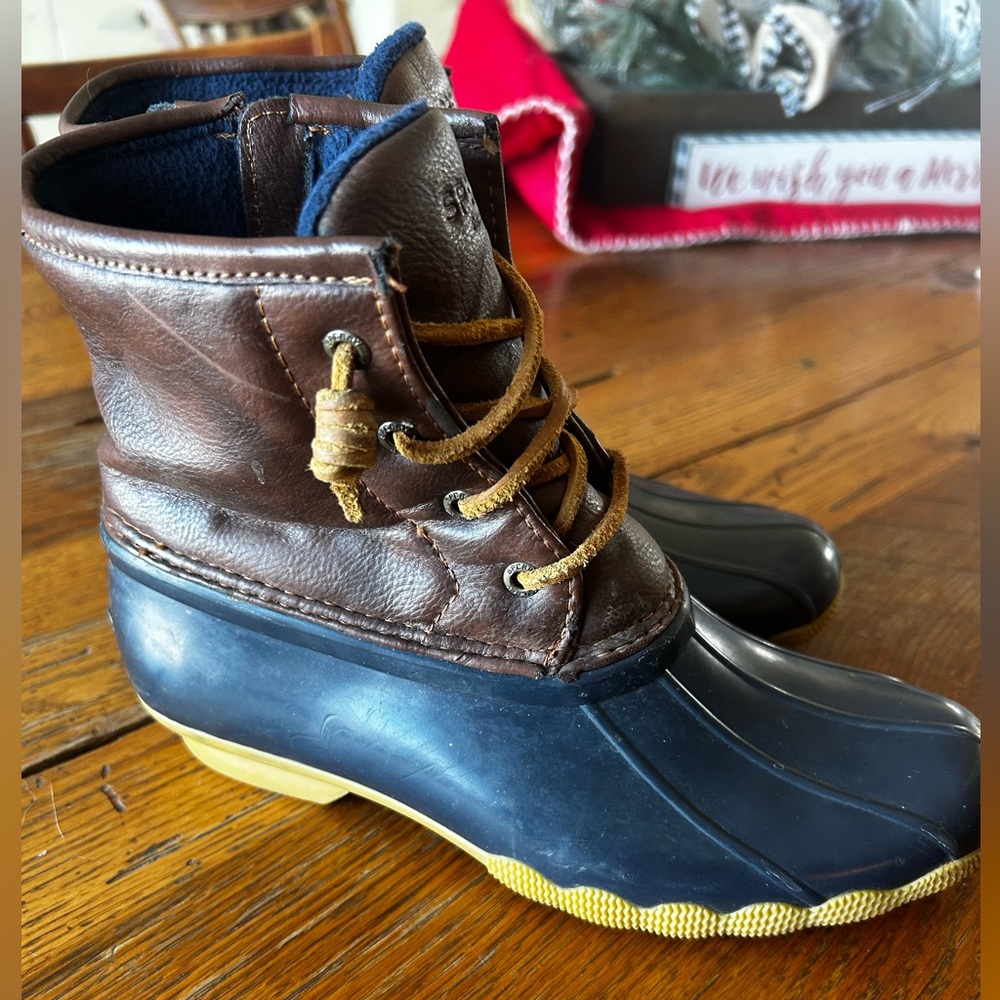 Brown and Navy Sperry Duck Boots